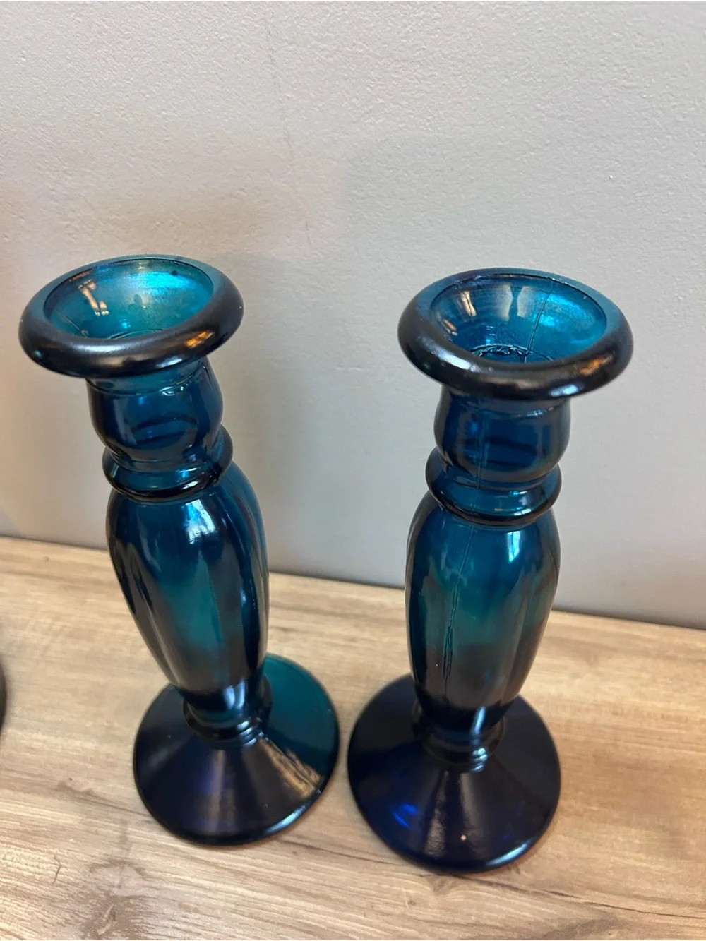 Vintage Teal Blue Glass Candlesticks - Pair or vase